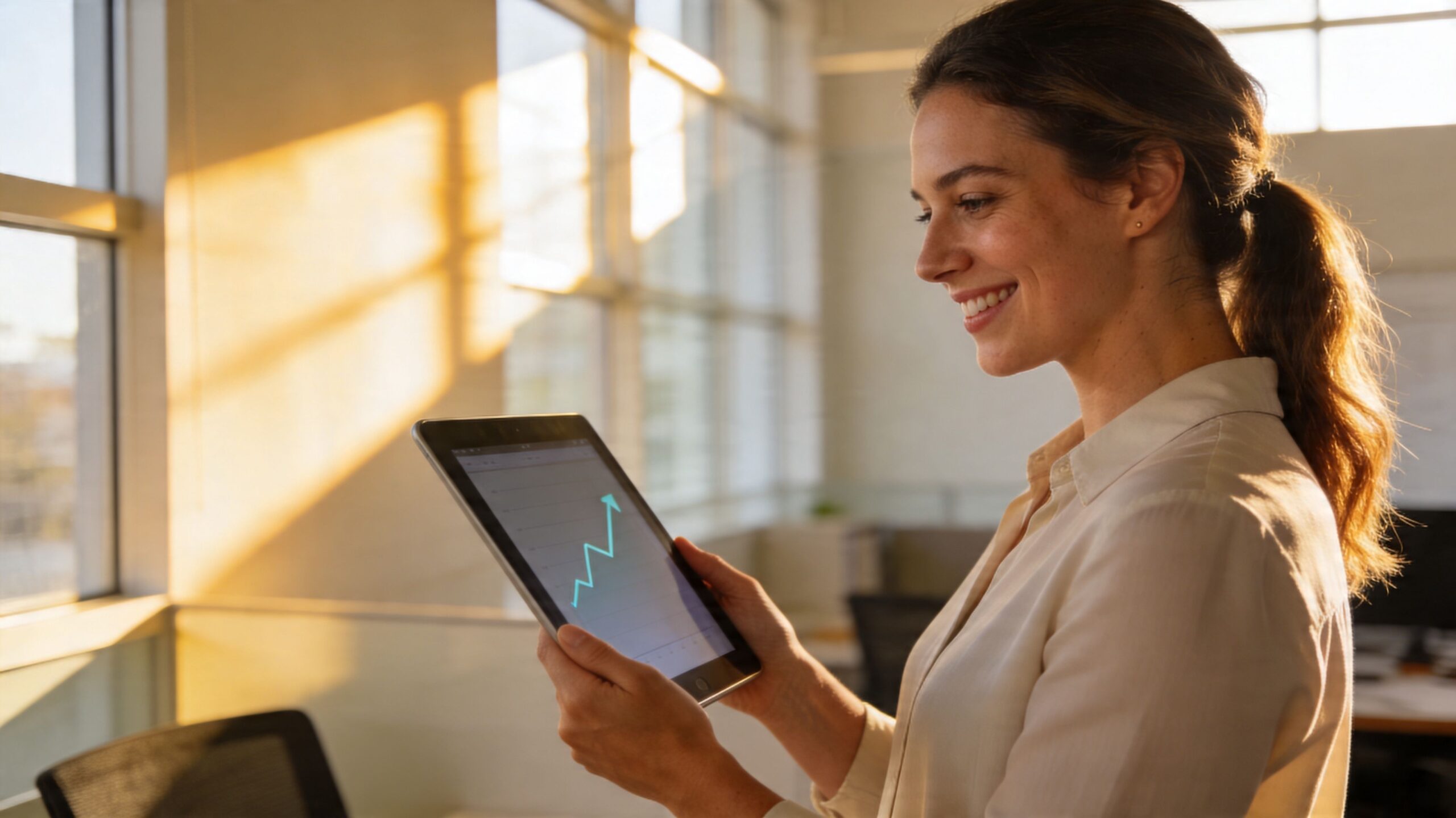A professional woman smiling while looking at an upward trending stock graph on her digital tablet device.