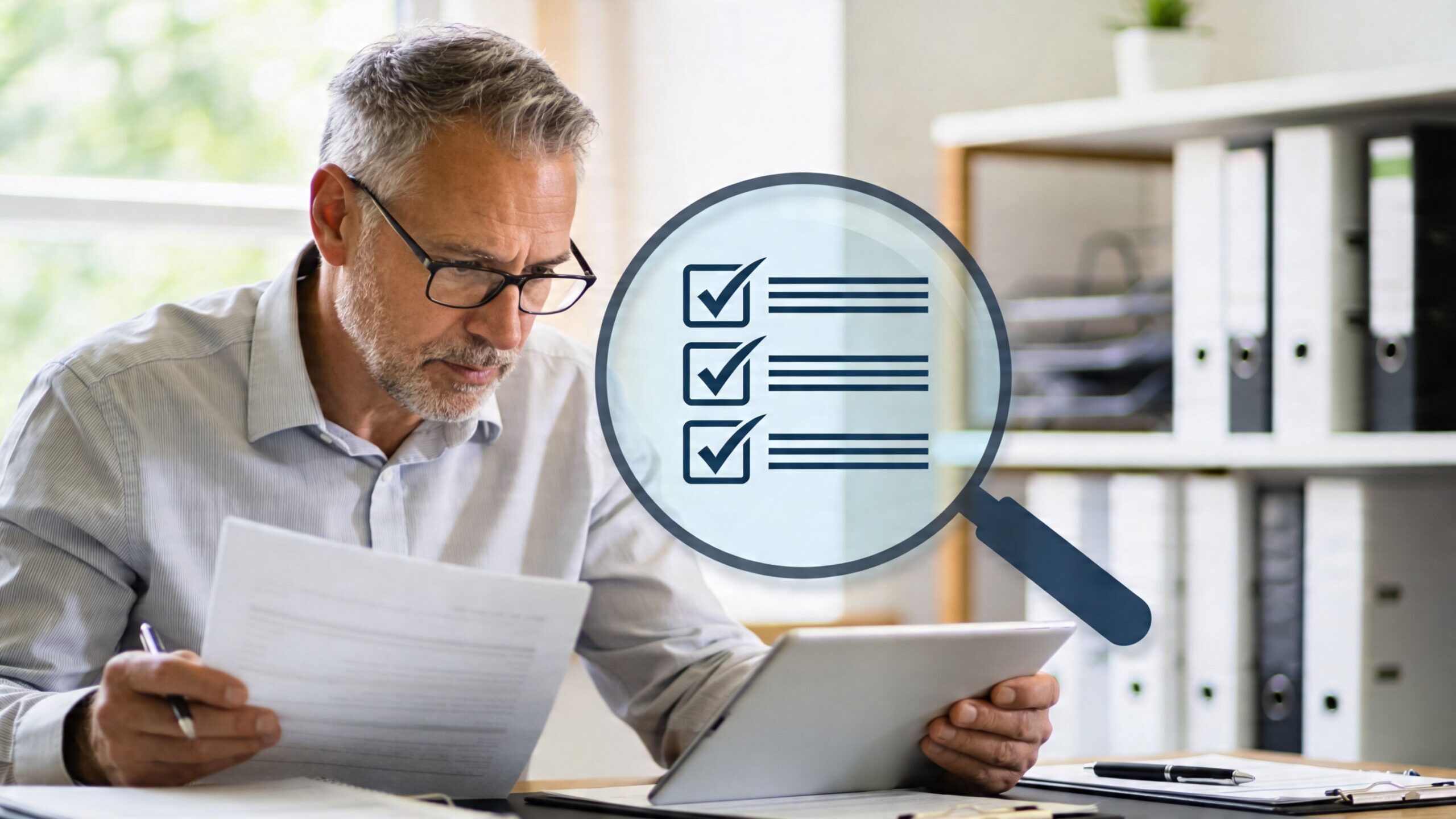 A professional man with glasses reviews documents and a tablet with a digital checklist icon overlay