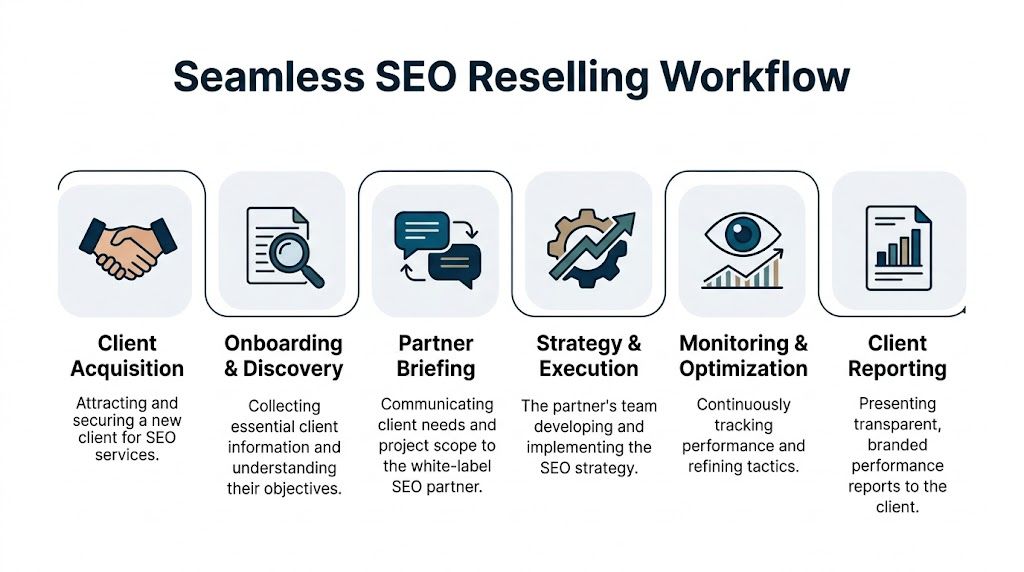 A six-step infographic illustrating the seamless SEO reselling workflow process from client acquisition to client reporting.