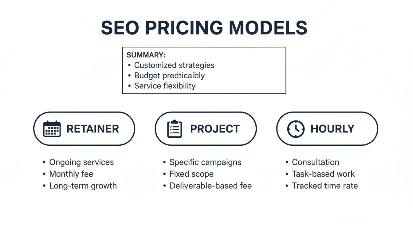 A diagram illustrating three SEO pricing models: Retainer, Project, and Hourly, detailing their features.