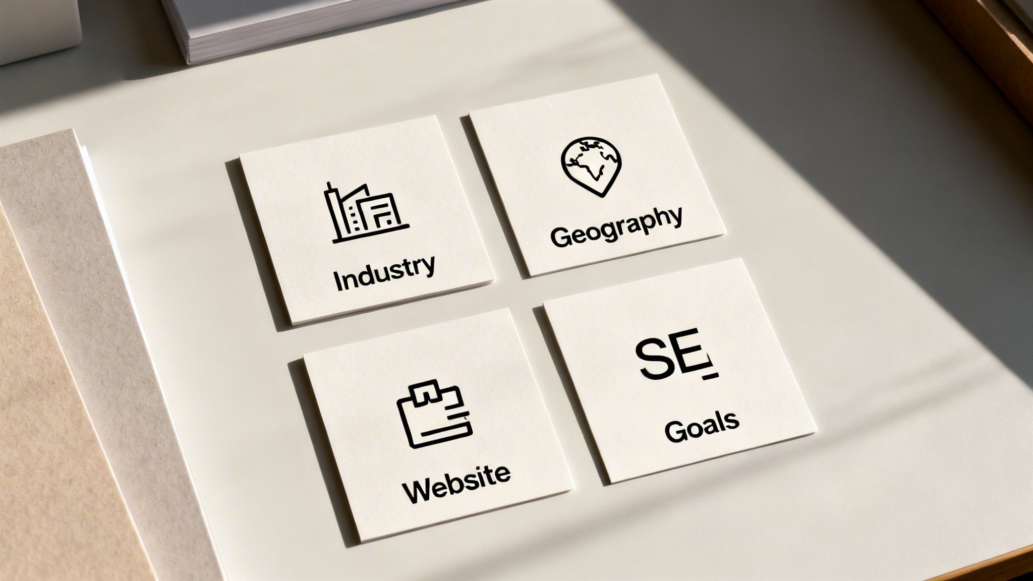 Four white cards with icons and text detailing SEO factors: Industry, Geography, Website, and SE Goals.