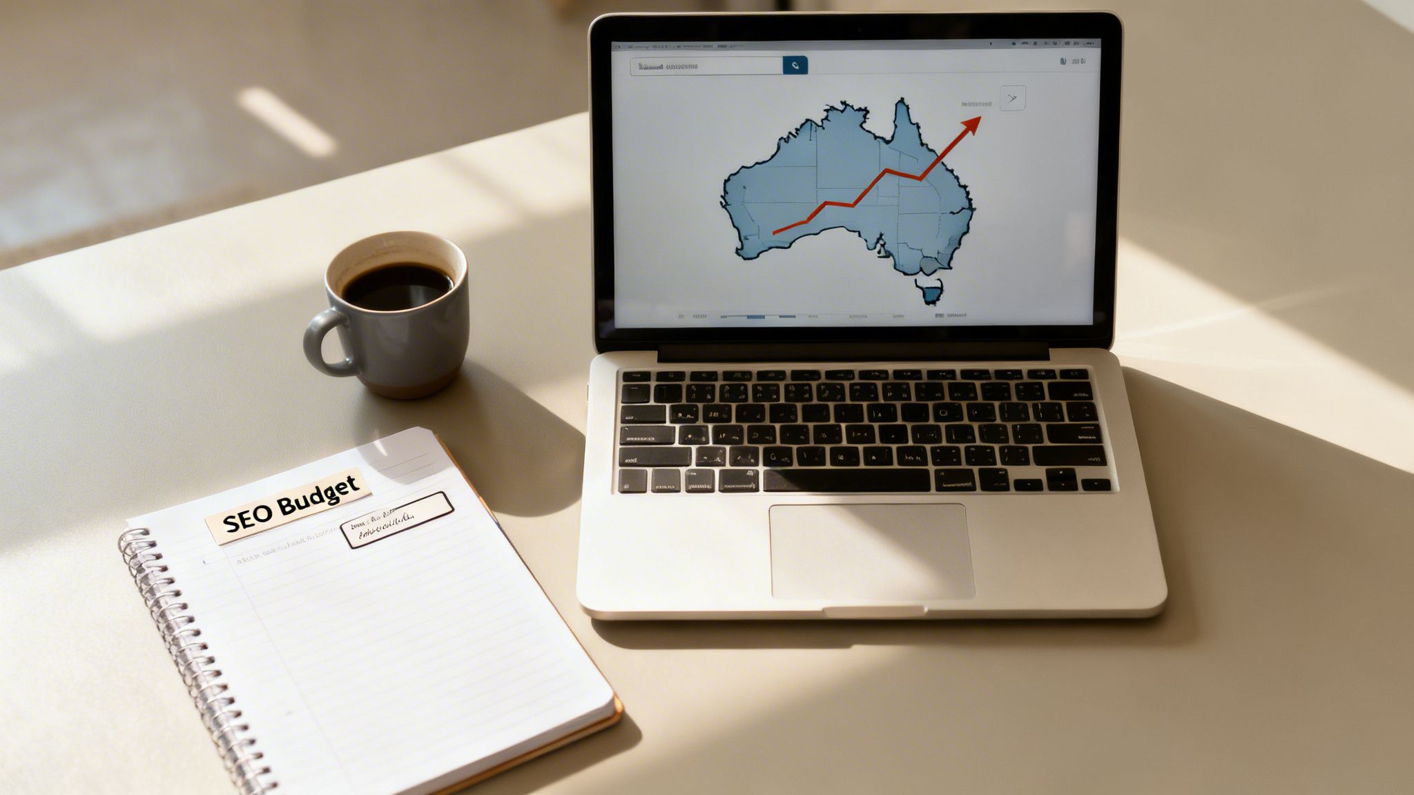 Laptop displaying Australia map with growth trend, next to a coffee and 'SEO Budget' notebook.