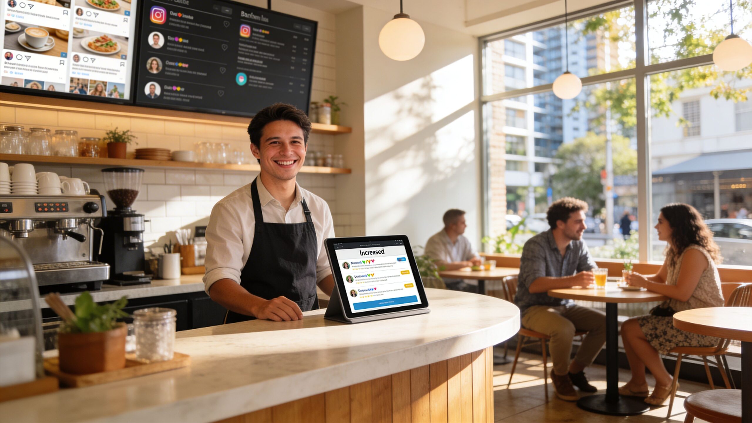 A smiling barista standing at a coffee shop counter with a digital display showing customer reviews.