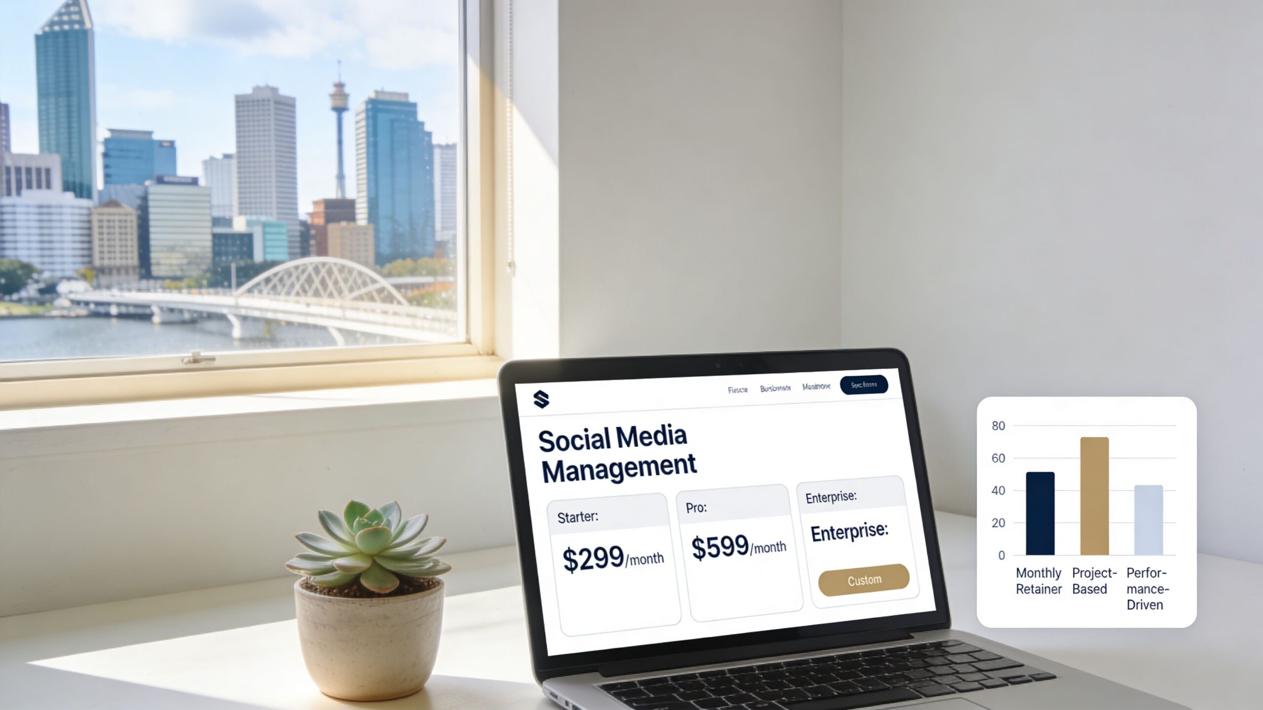 A laptop on a desk showing social media management pricing plans with a city view background.