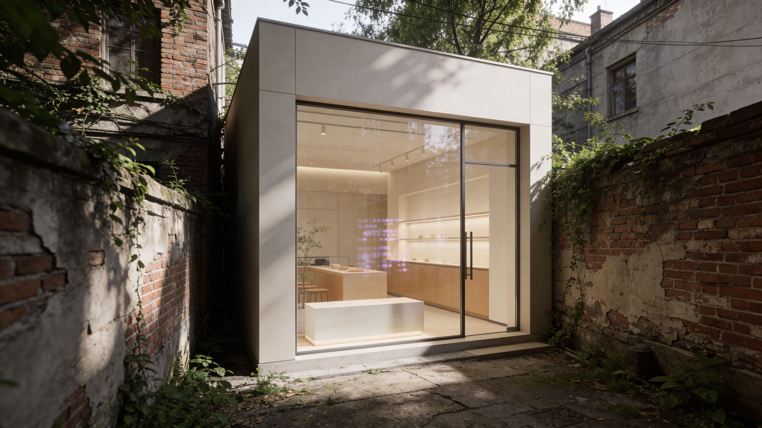 A modern minimalist retail shop cube structure nestled between weathered old brick walls in an alley.
