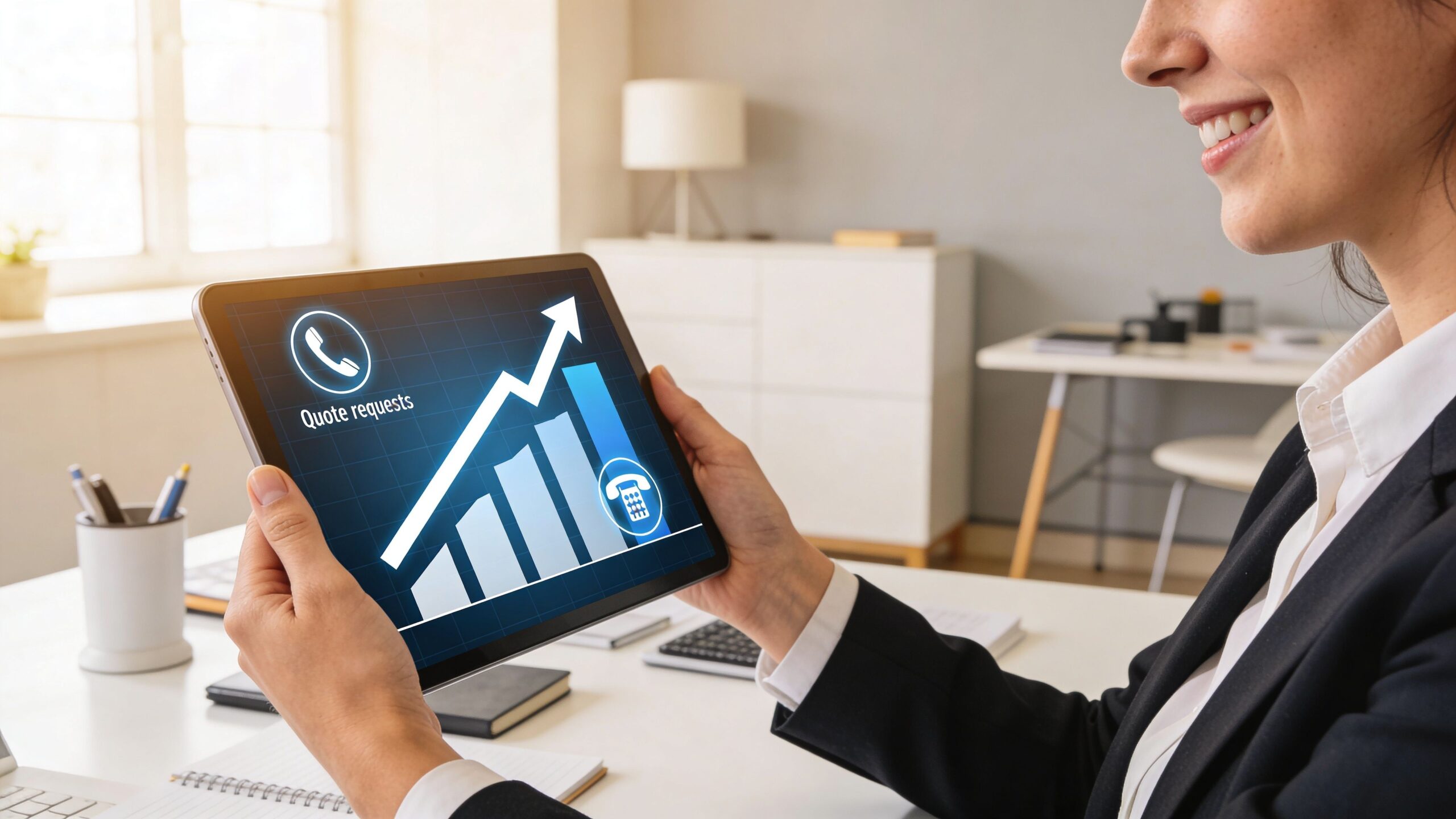 A businesswoman holds a tablet displaying an upward trending graph representing an increase in quote requests.