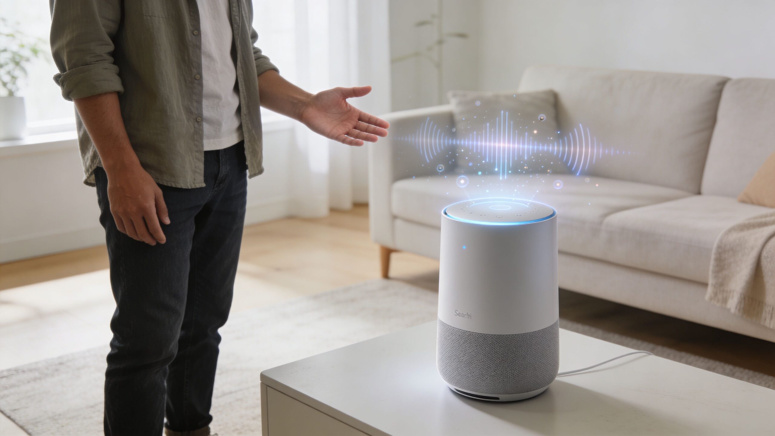 A person gesturing towards a futuristic smart speaker in a living room with digital sound wave graphics.