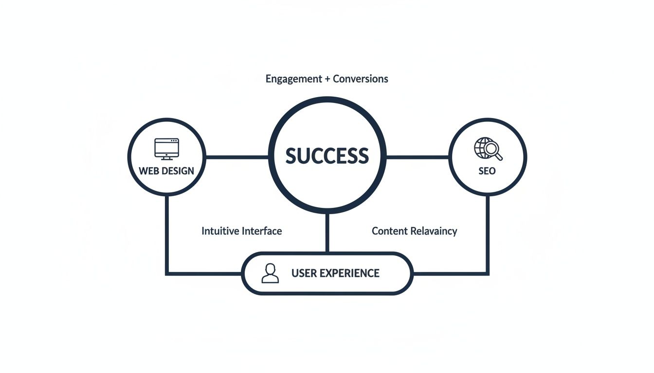 Diagram showing web design and SEO leading to success and conversions, with user experience as the foundation.