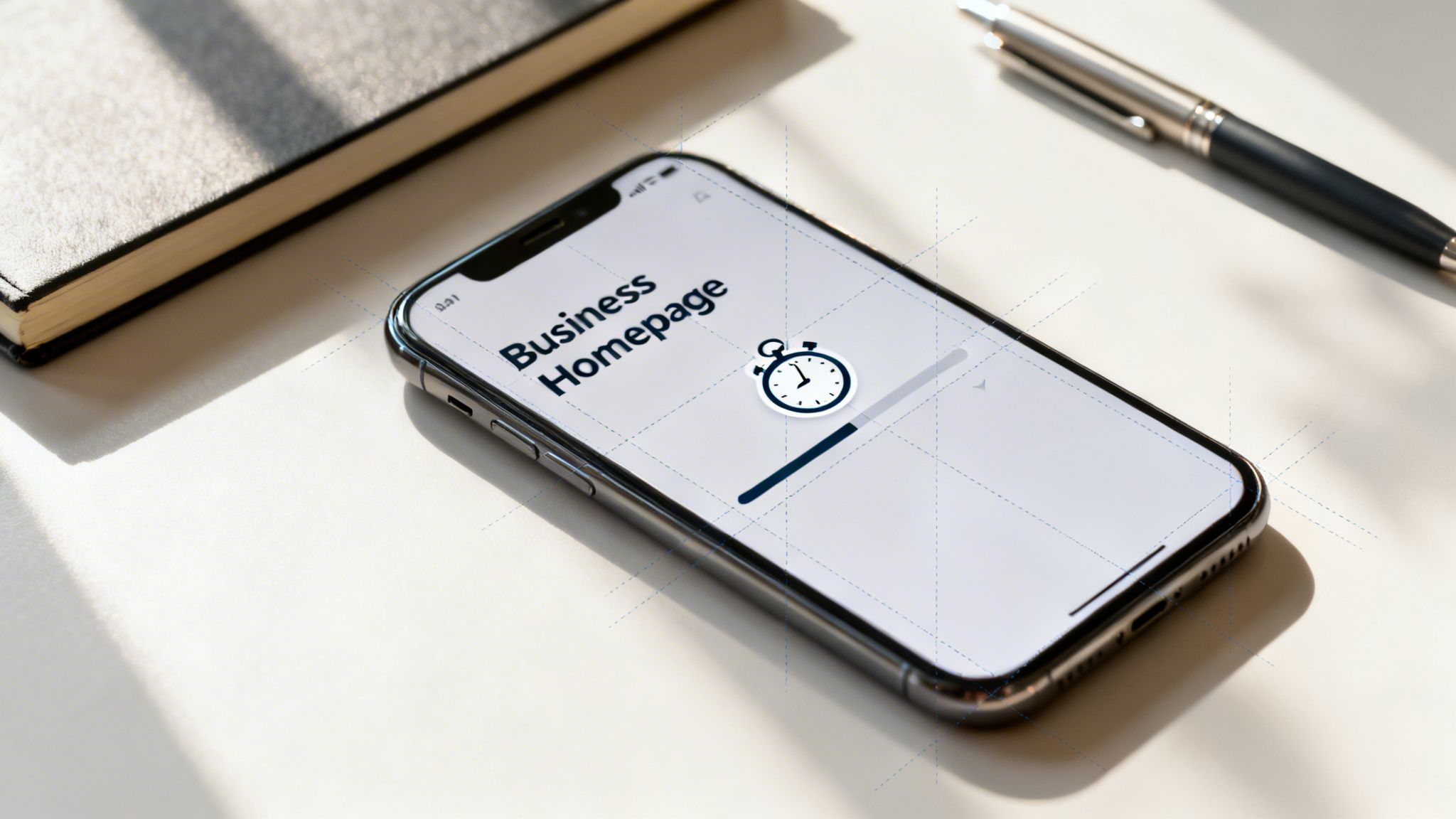 Smartphone showing a business homepage loading screen with a clock icon, next to a notebook and pen.