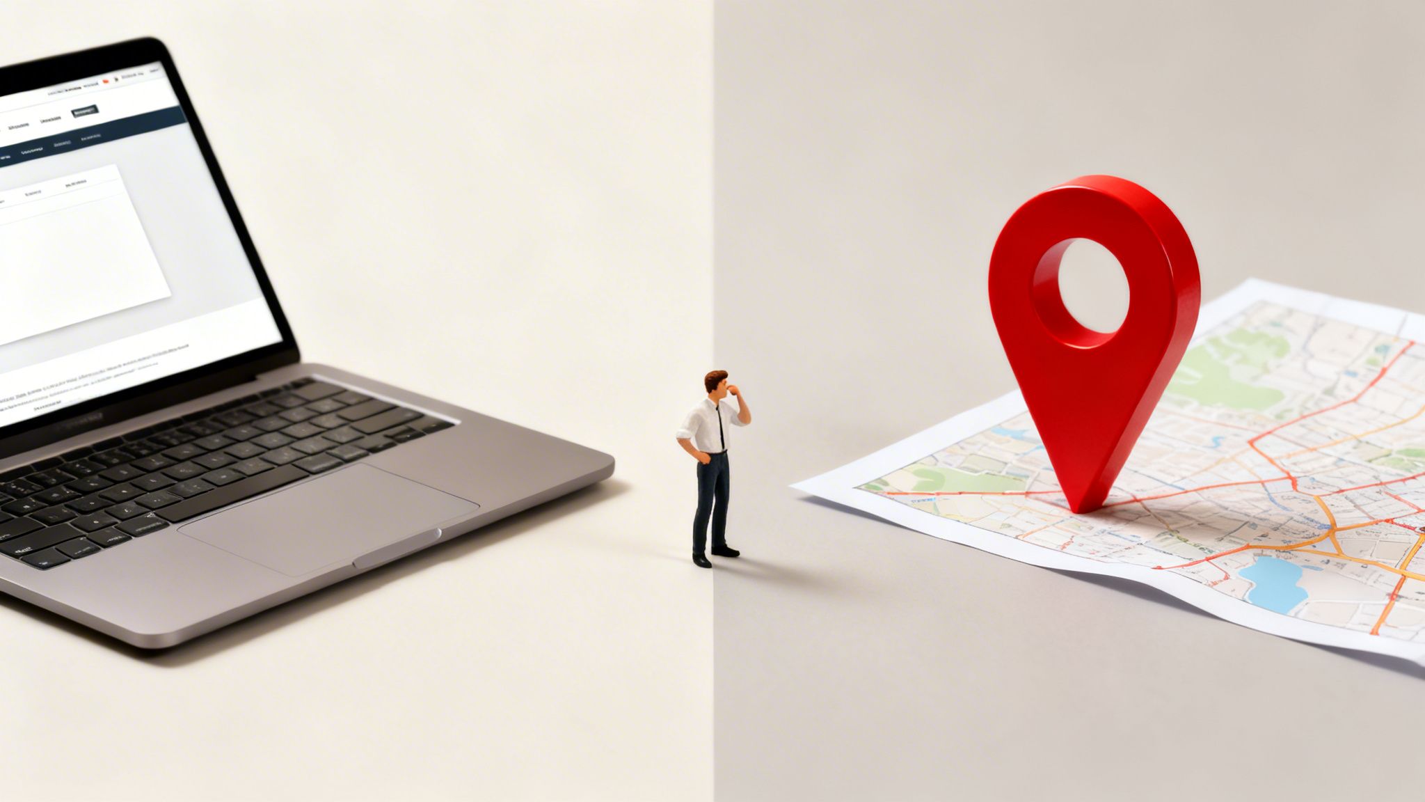 A thoughtful man stands between a laptop displaying web content and a map with a red location pin.