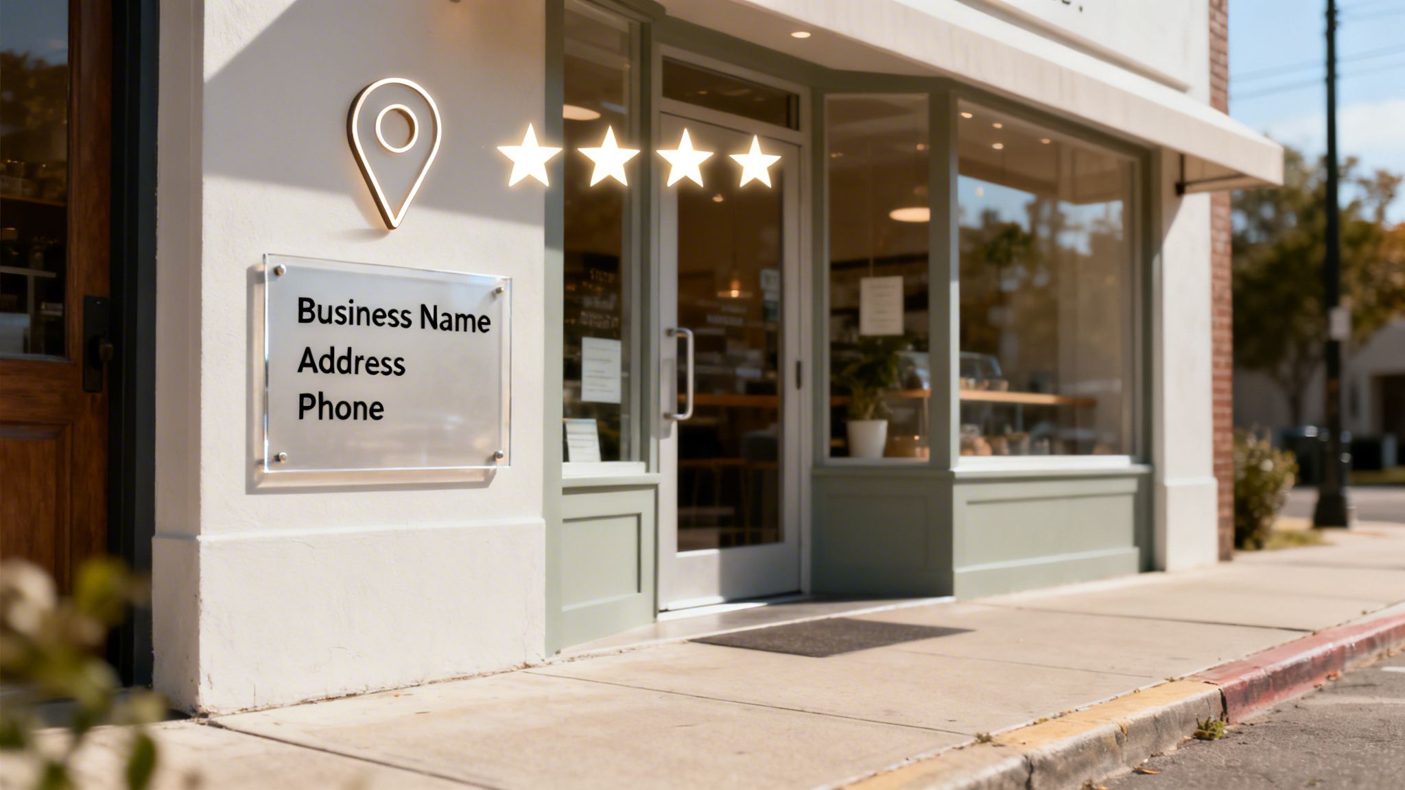 Exterior view of a modern storefront with a business sign, location pin, and four glowing stars.