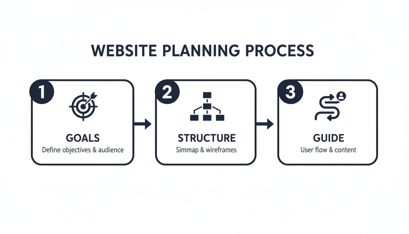 A visual guide to the website planning process with steps: Goals, Structure, and Guide outlining objectives and user flow.