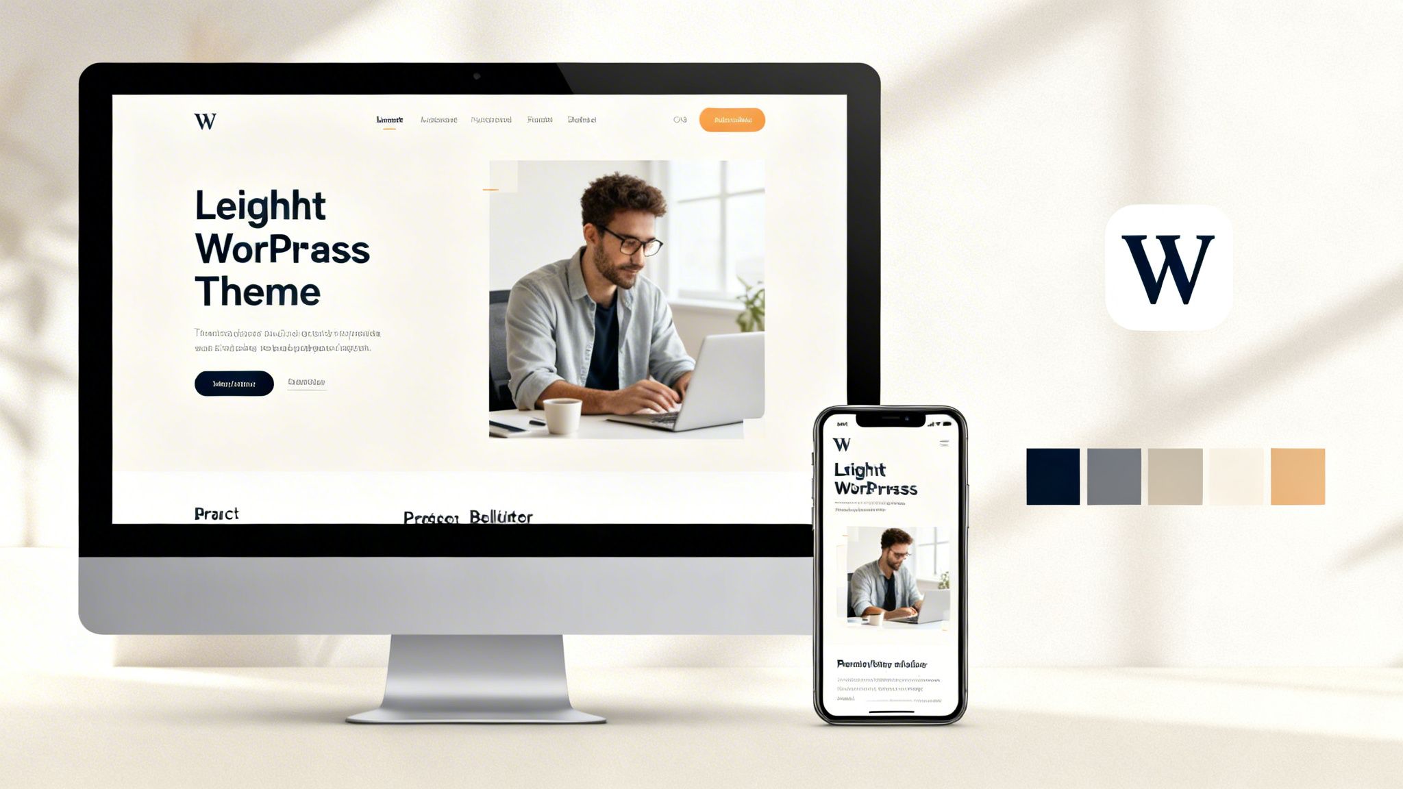 A responsive website design for 'Leighht WorPrass Theme' displayed on a desktop and smartphone, featuring a brand logo and color palette.
