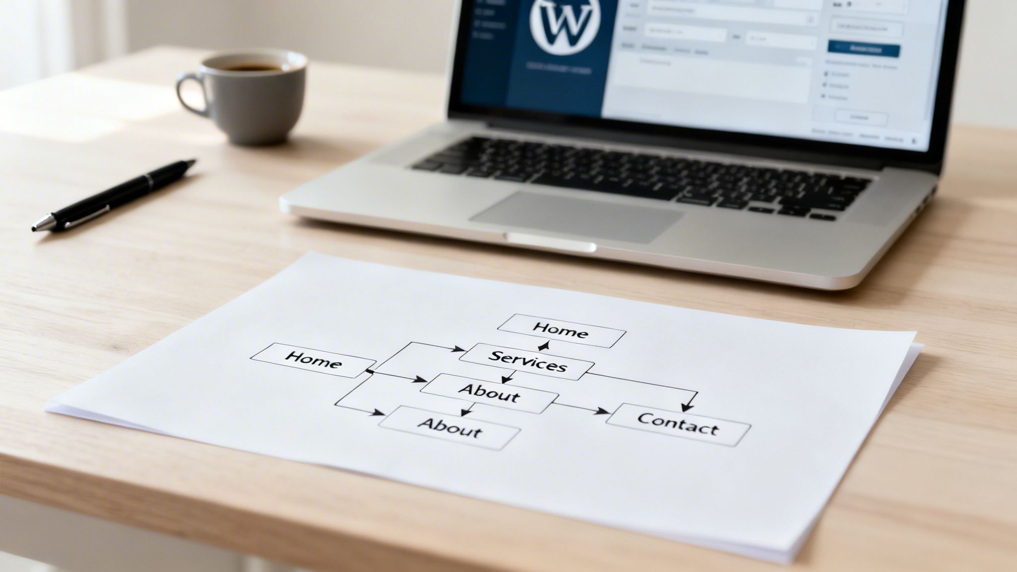 A desk with a laptop showing WordPress, a coffee cup, pen, and website sitemap.