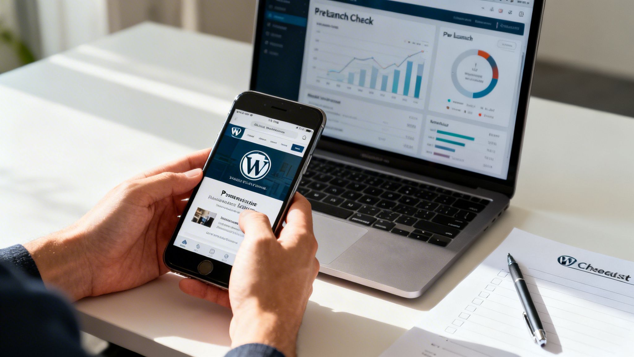 Hands holding a smartphone displaying a WordPress website, with a laptop showing analytics and a checklist on a desk.