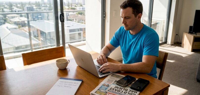 Business owner updating SEO at casual apartment table