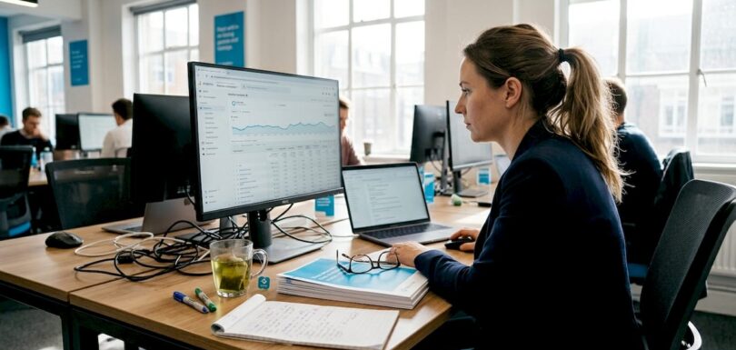 SEO consultant reviewing search data at desk