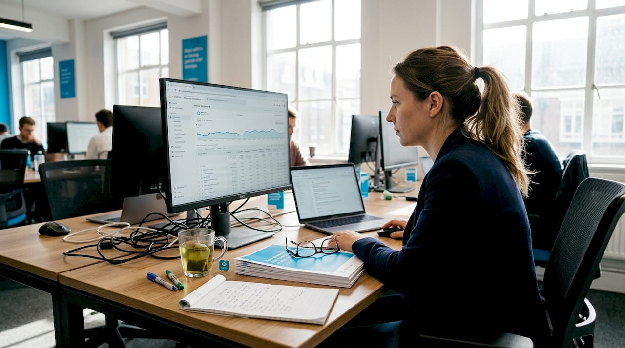 SEO consultant reviewing search data at desk