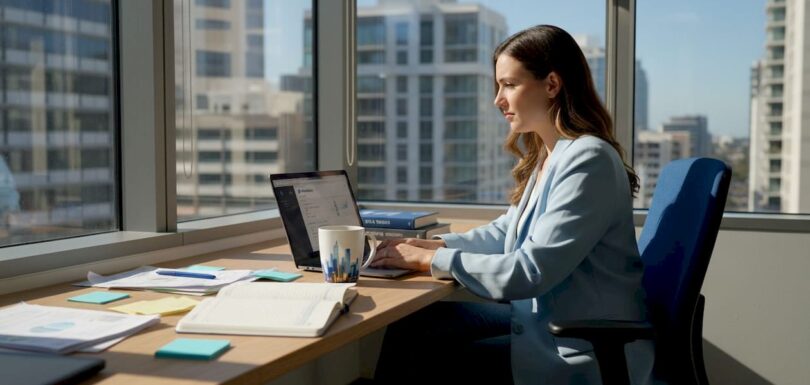 Woman reviewing digital campaign in corner office