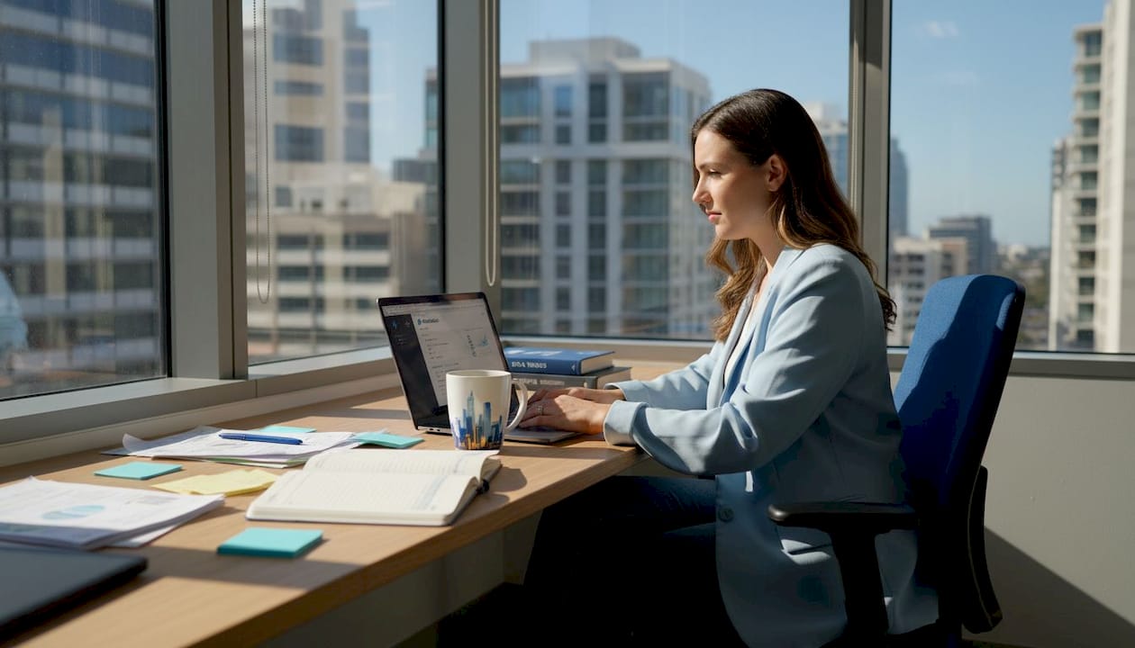 Woman reviewing digital campaign in corner office