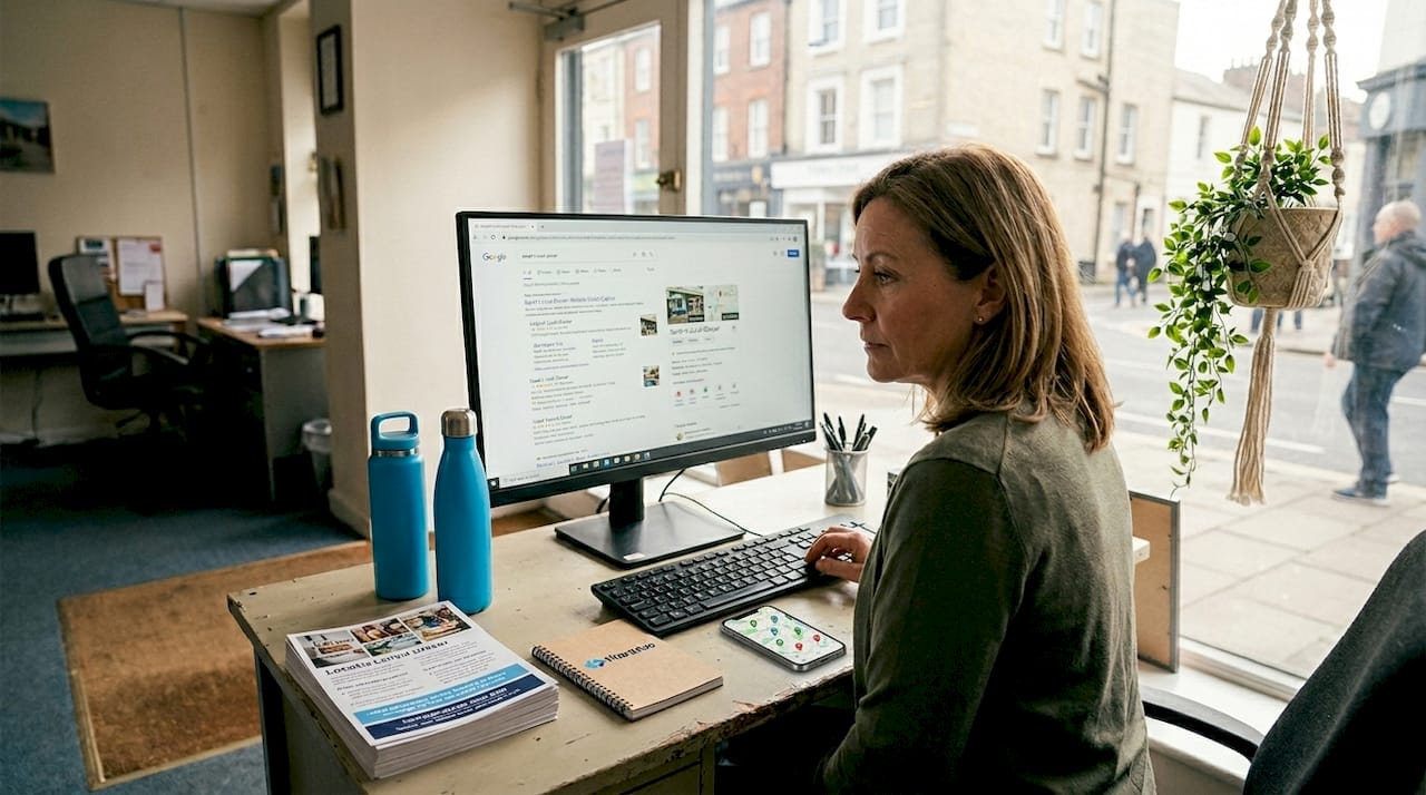 Business owner researching local SEO results
