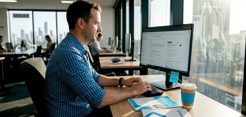 Australian business owner updating Google profile at coworking desk