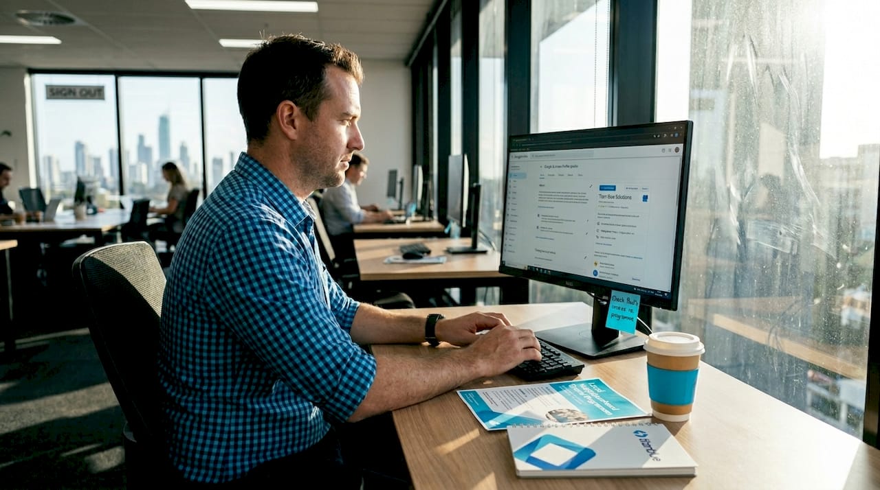 Australian business owner updating Google profile at coworking desk