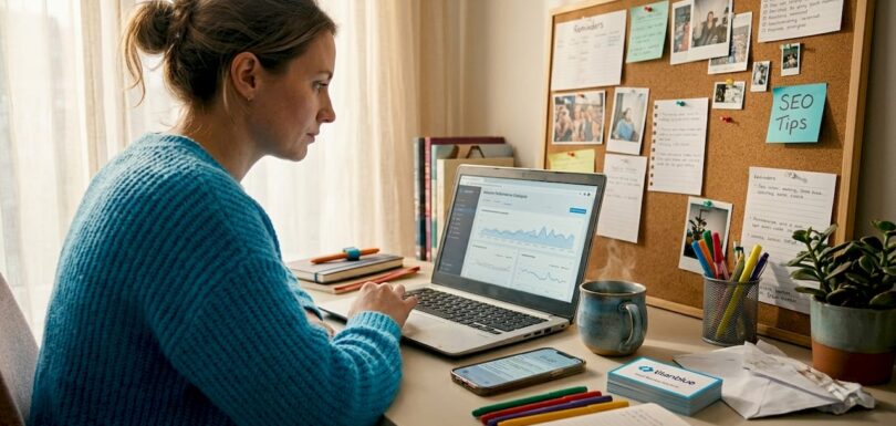 Business owner checking SEO on laptop at home