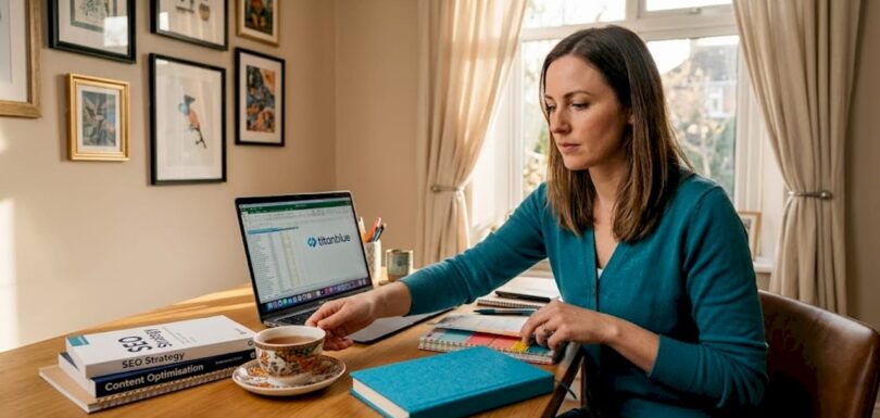 Digital marketer updating SEO strategy workspace