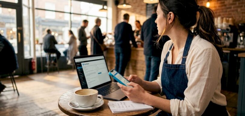 Café owner updating mobile website at table