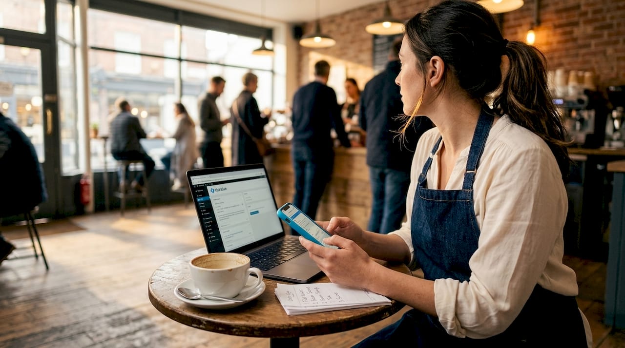 Café owner updating mobile website at table