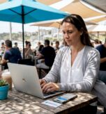 Australian business owner updating site in cafe