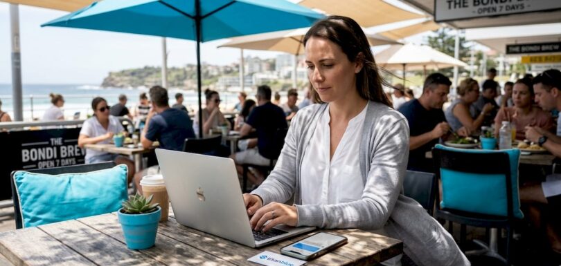 Australian business owner updating site in cafe