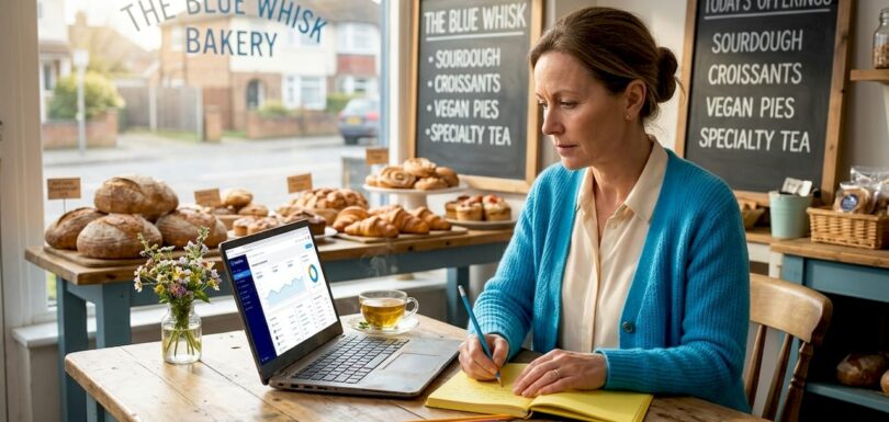 Bakery owner reviewing business website analytics
