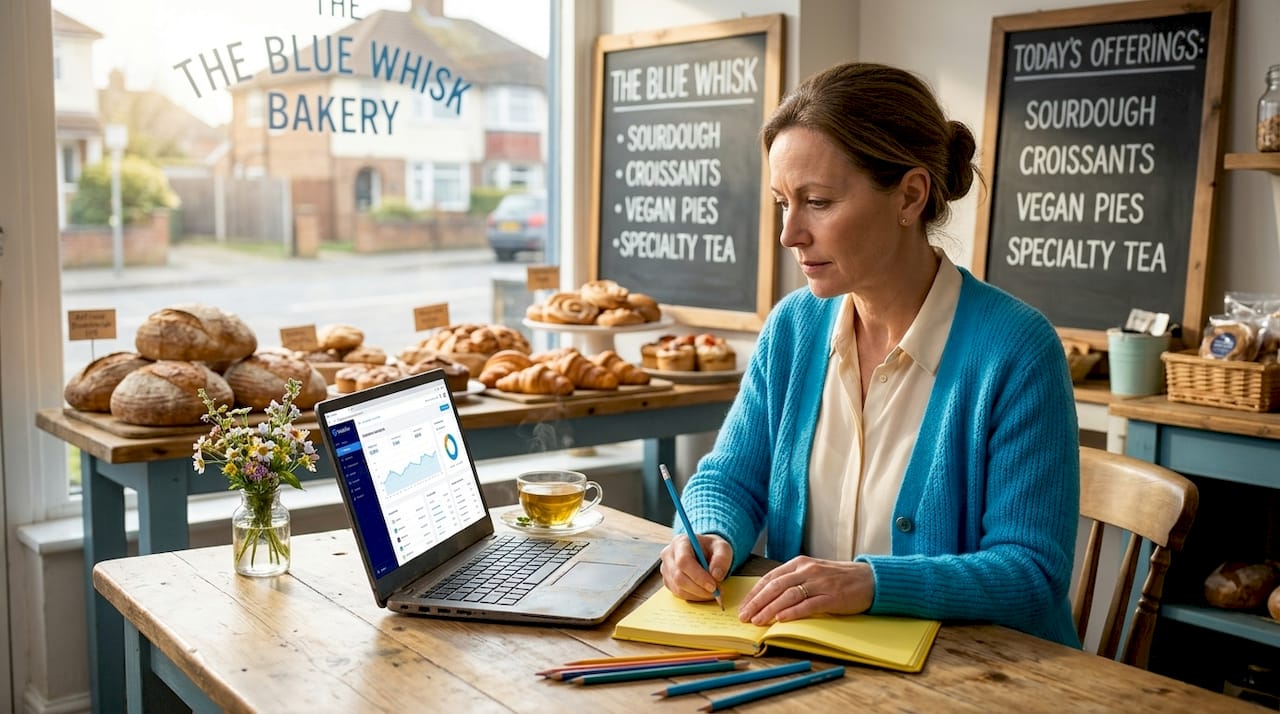 Bakery owner reviewing business website analytics
