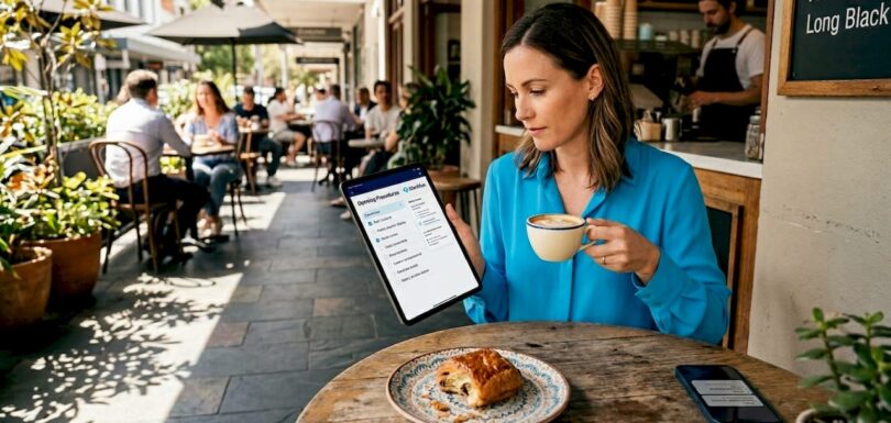 Cafe manager reviewing digital marketing list