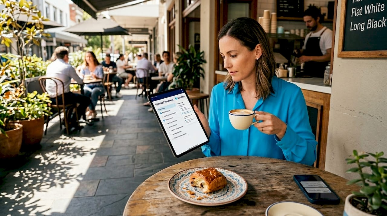 Cafe manager reviewing digital marketing list