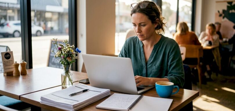 Small business owner working on laptop