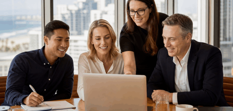 Business team collaborating on digital marketing strategy in a modern office