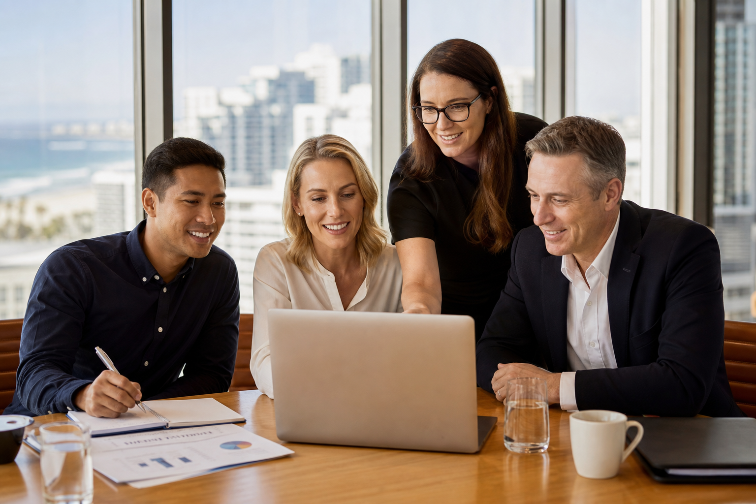 Business team collaborating on digital marketing strategy in a modern office