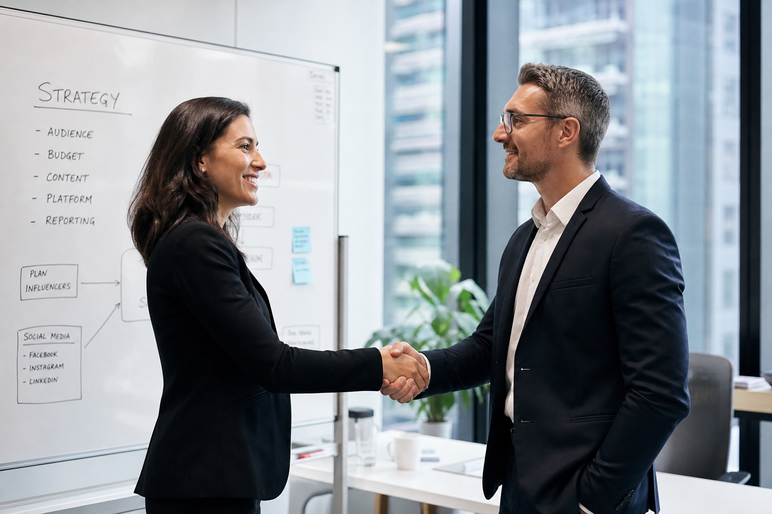 Business professionals partnering on AEO and digital marketing strategy