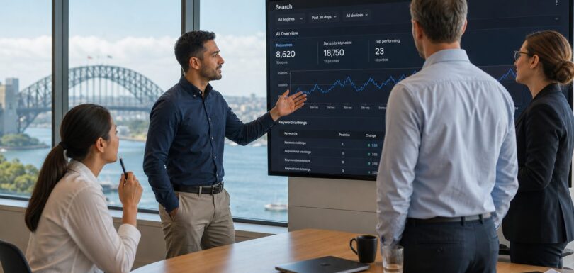 Business team reviewing AI search strategy analytics in a modern Australian office