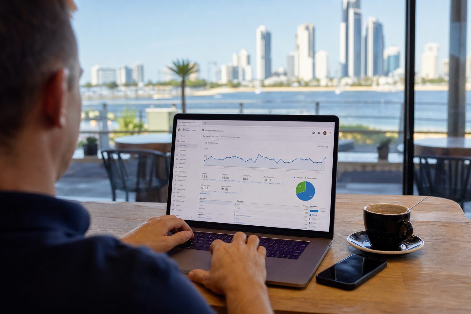 Business owner analysing website AI search performance on laptop
