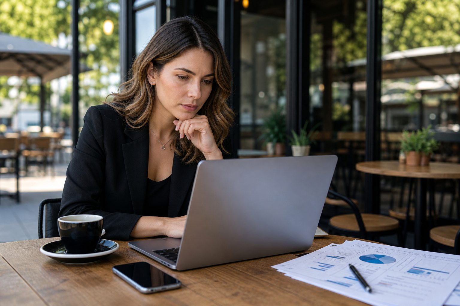 Business owner reviewing AI search analytics on laptop at café