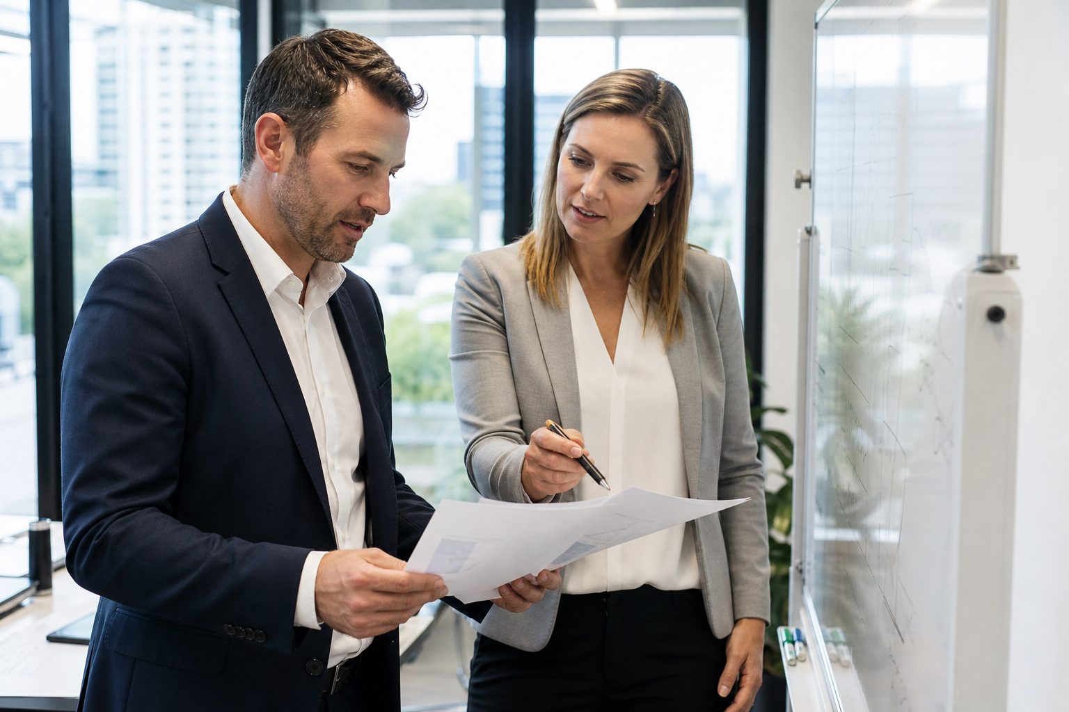 Two professionals discussing GEO strategy at whiteboard