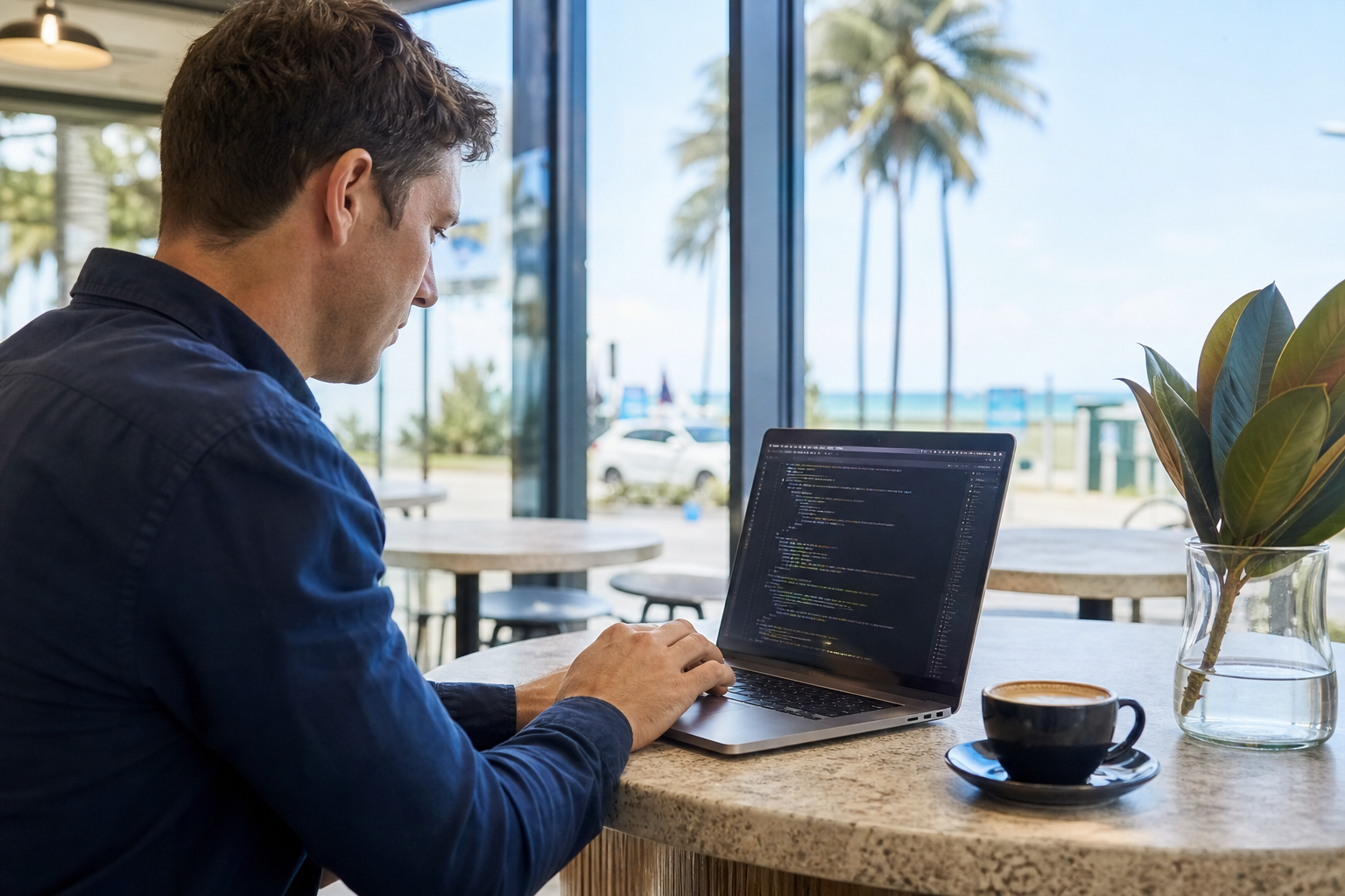 Business owner reviewing structured data and website code on laptop at a modern cafe