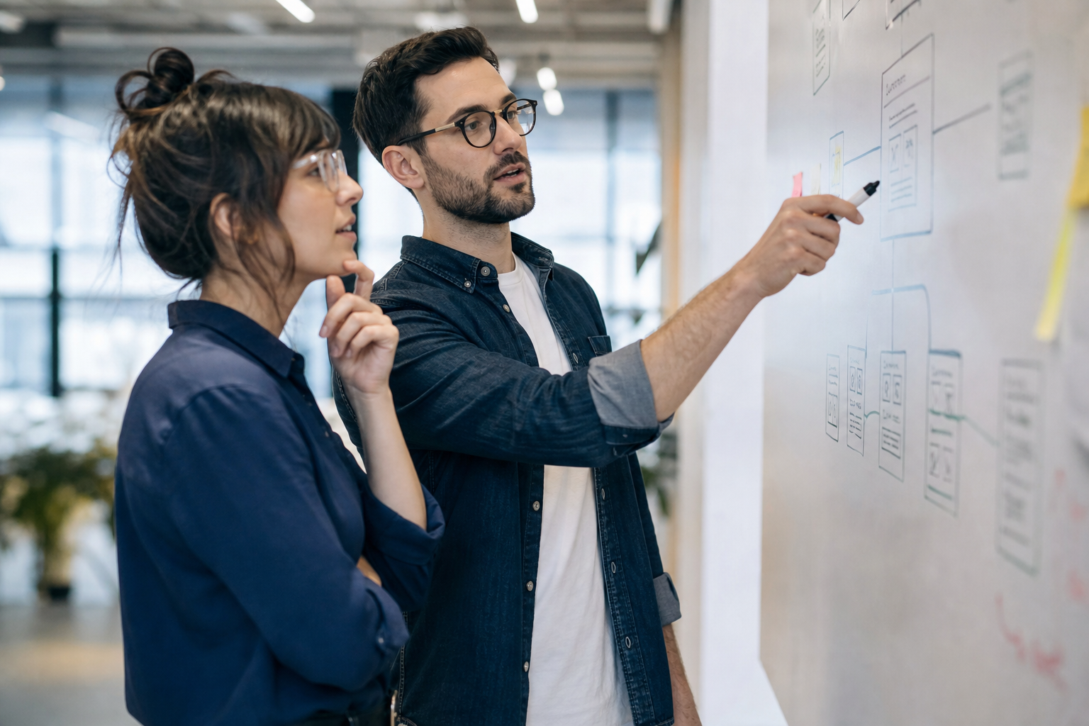 Business professionals collaborating on website architecture at a whiteboard