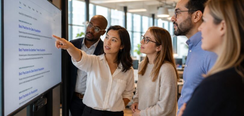 Business team reviewing AI search results on a large screen in a modern office