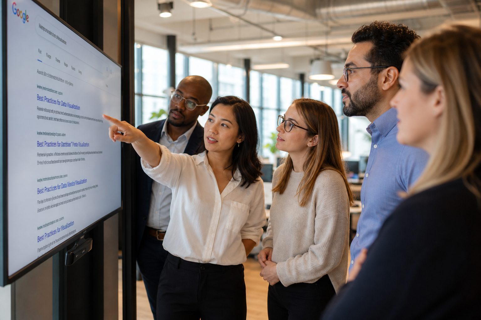 Business team reviewing AI search results on a large screen in a modern office