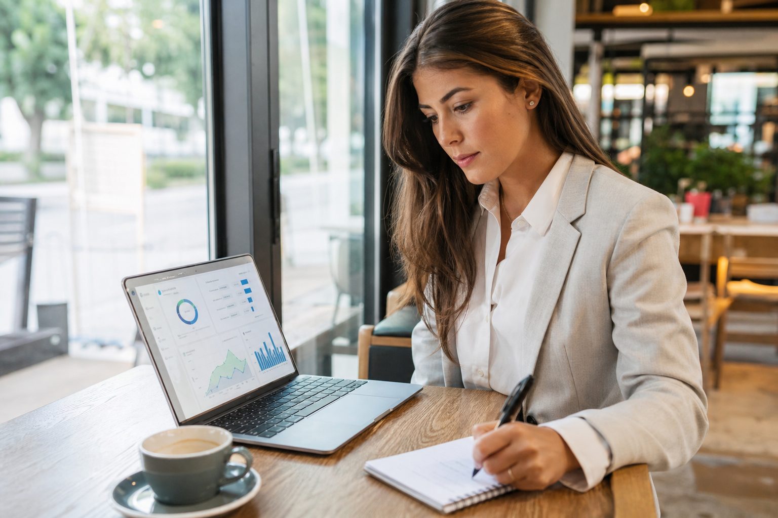 Business professional reviewing analytics and search data on a laptop